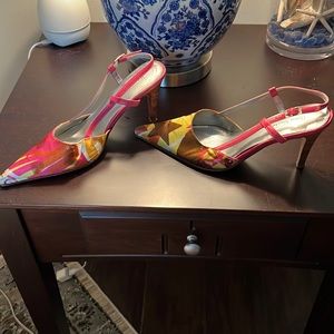 Gorgeous satin sling back with 3 1/2 inch wood heel leather pink sling backs